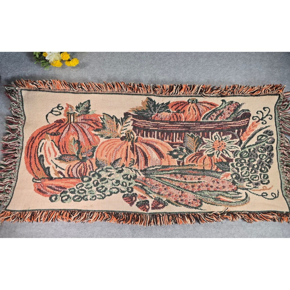 Vintage Fall Tapestry Runner 36x18 Orange Harvest Pumpkin Autumn Decor 90s Farm